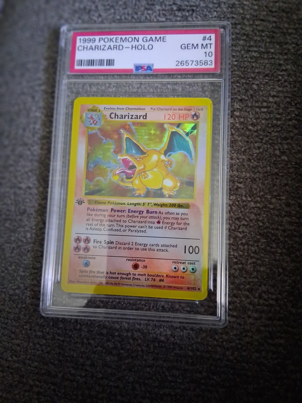 PSA 10 Charizard Holo 1999 Pokémon Trading Card - Yellow Holo